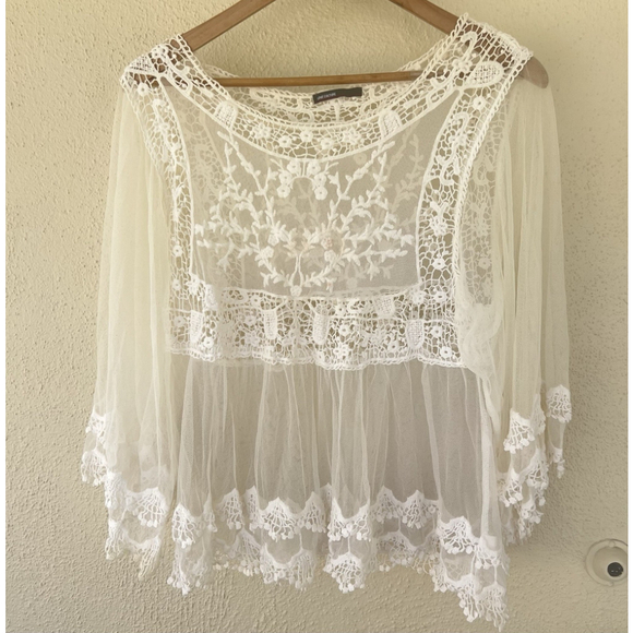 Love Culture Tops - Love Culture Sheer Mesh Crochet Lace Bell Sleeve Blouse Boho Coquette Festival